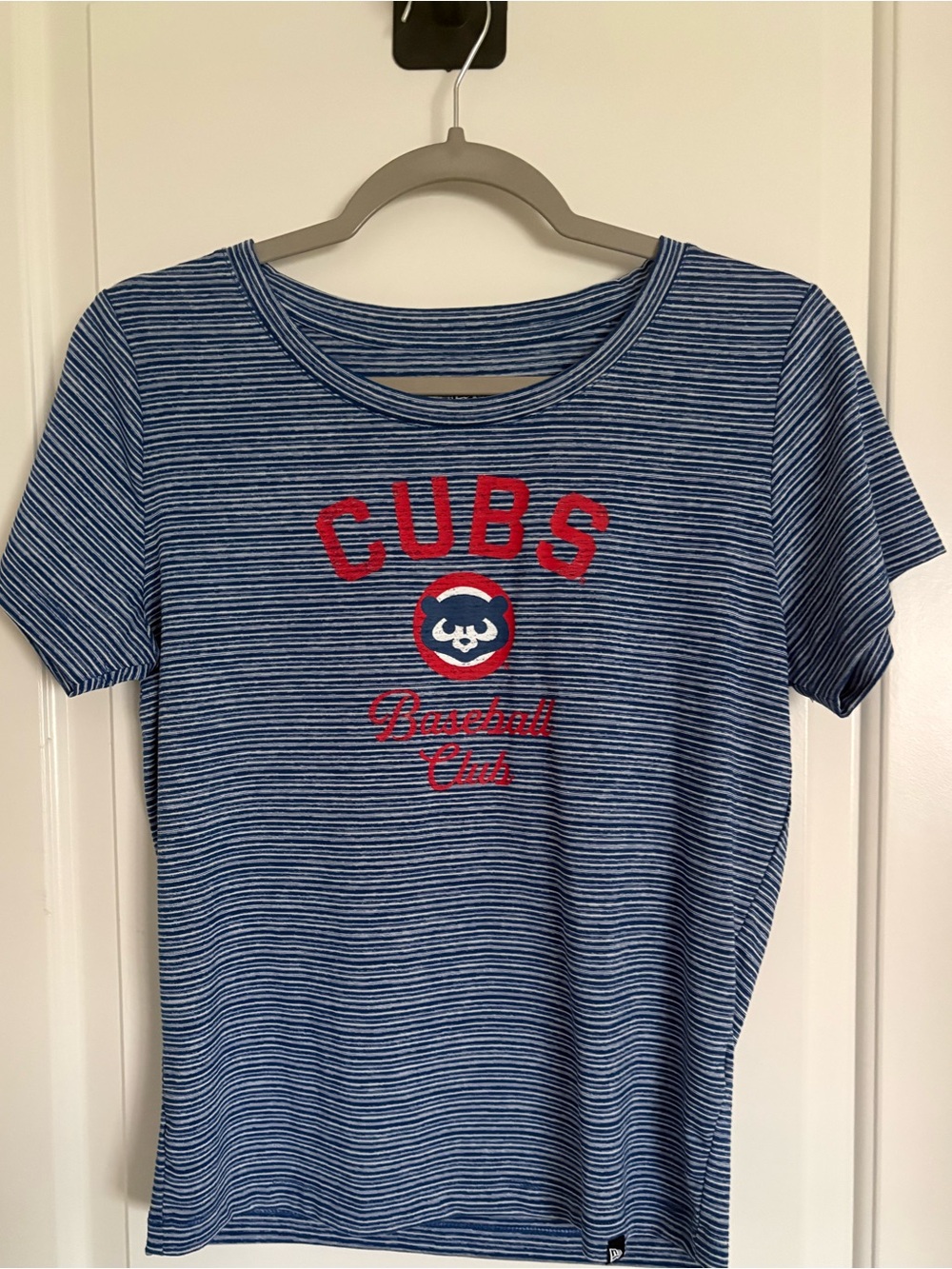Woman’s Blue Striped Cubs Tee with Red Logo